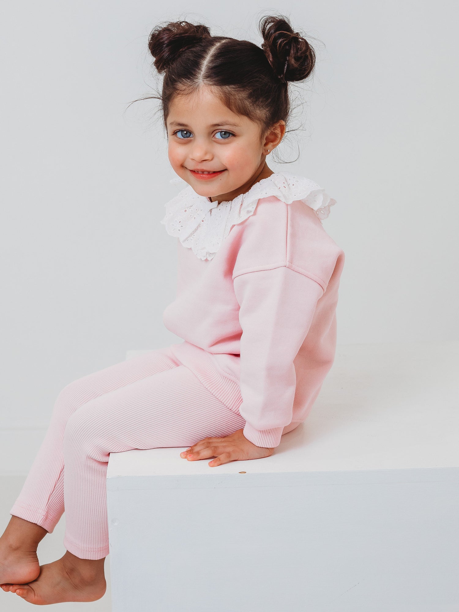 Pink anglaise frill collar top and ribbed leggings set, long sleeves