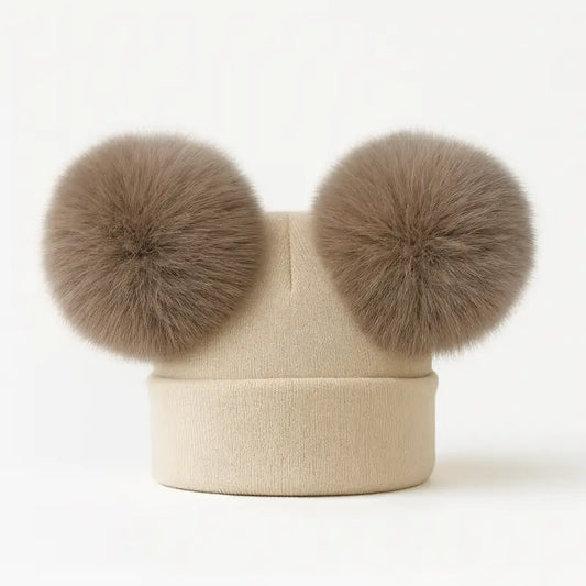 EvaBella Double Pom Pom Hat Camel Poms