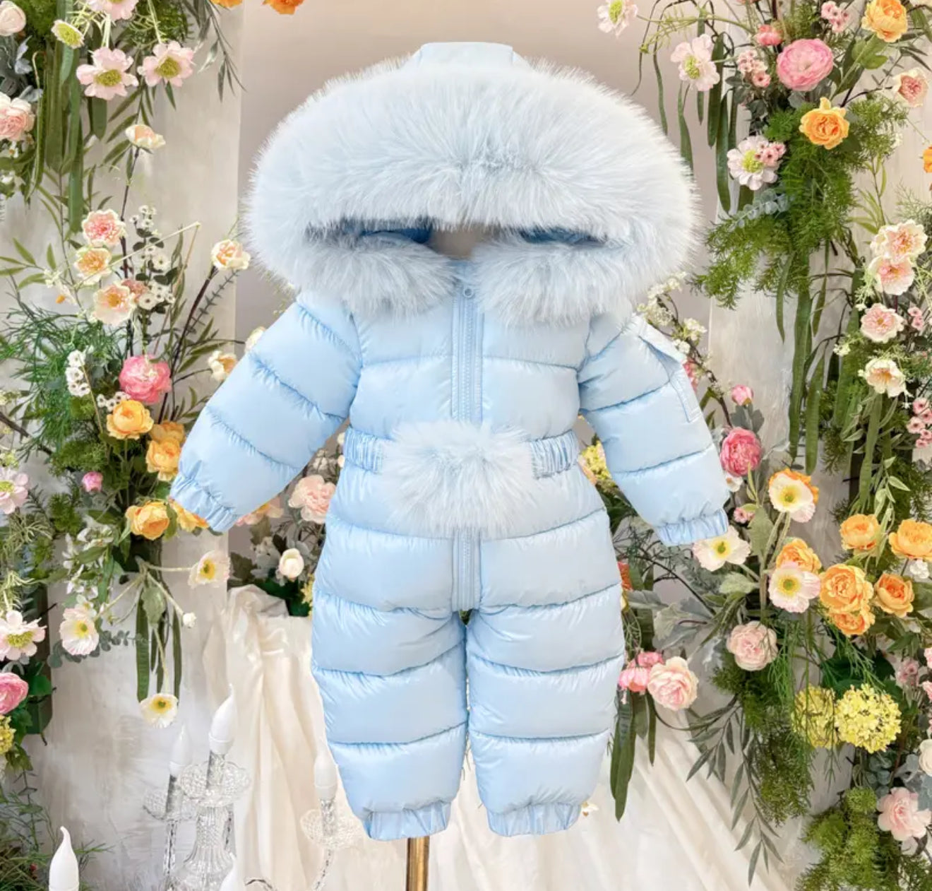 EvaBella Signature Winter Snowsuit with Detachable Belt –Baby Blue