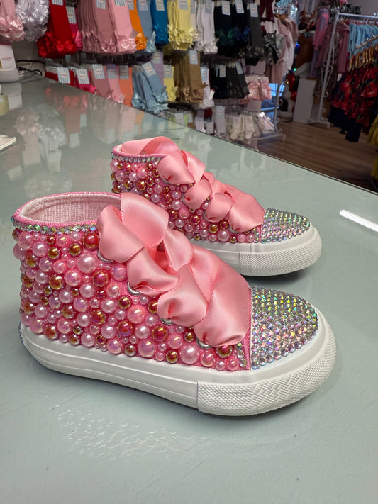 Dolly Bling Canvas Baseball Boots Fushia Pearls white sole