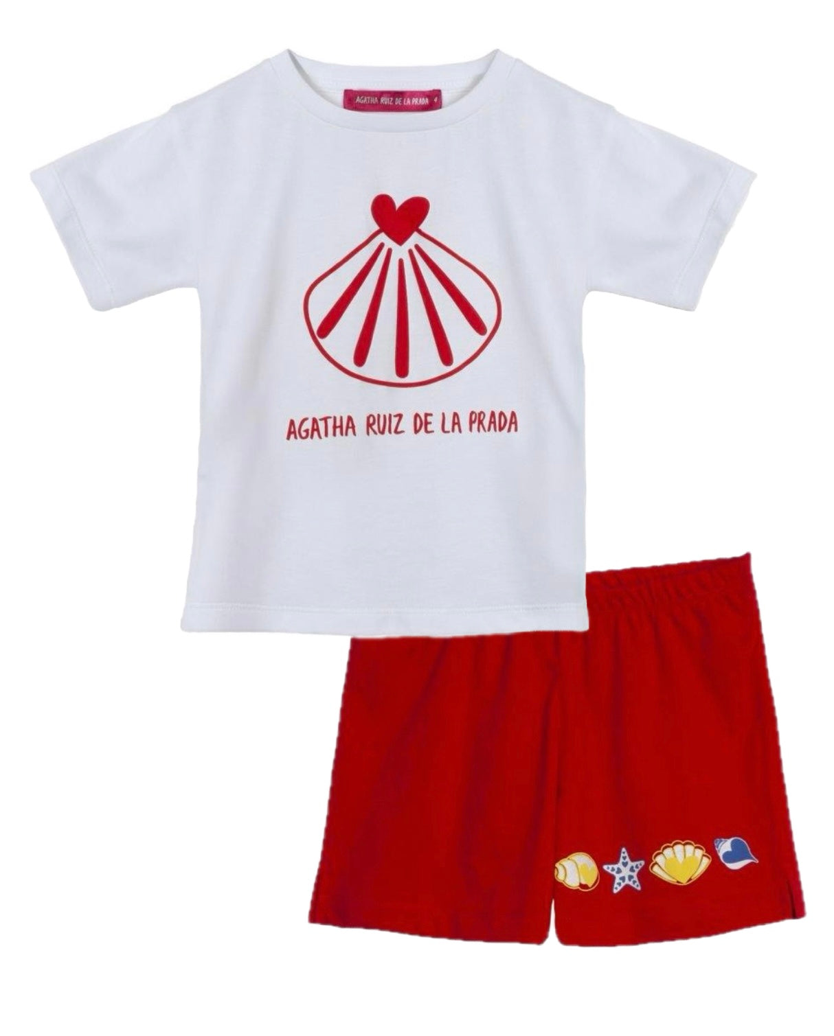 Girls red heart graphic T-shirt and red shorts set with sea shell icons