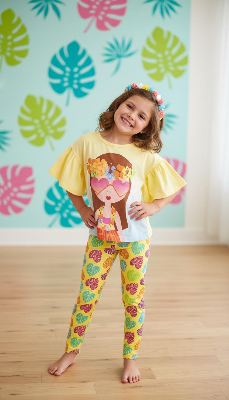Girls tropical T-shirt and leggings set: yellow tee with girl graphic, leaf-pattern pants