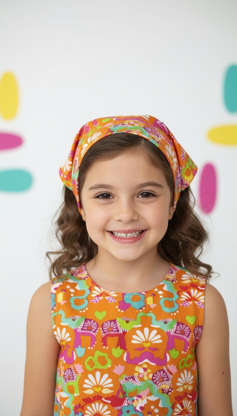 Girls tropical cotton bandana, orange with colorful flowers and cactus print (worn)