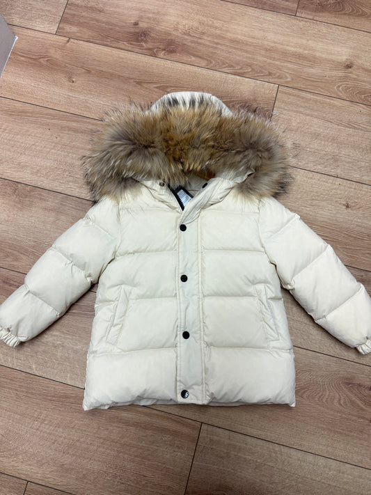 Beige coat natural raccoon fur trim