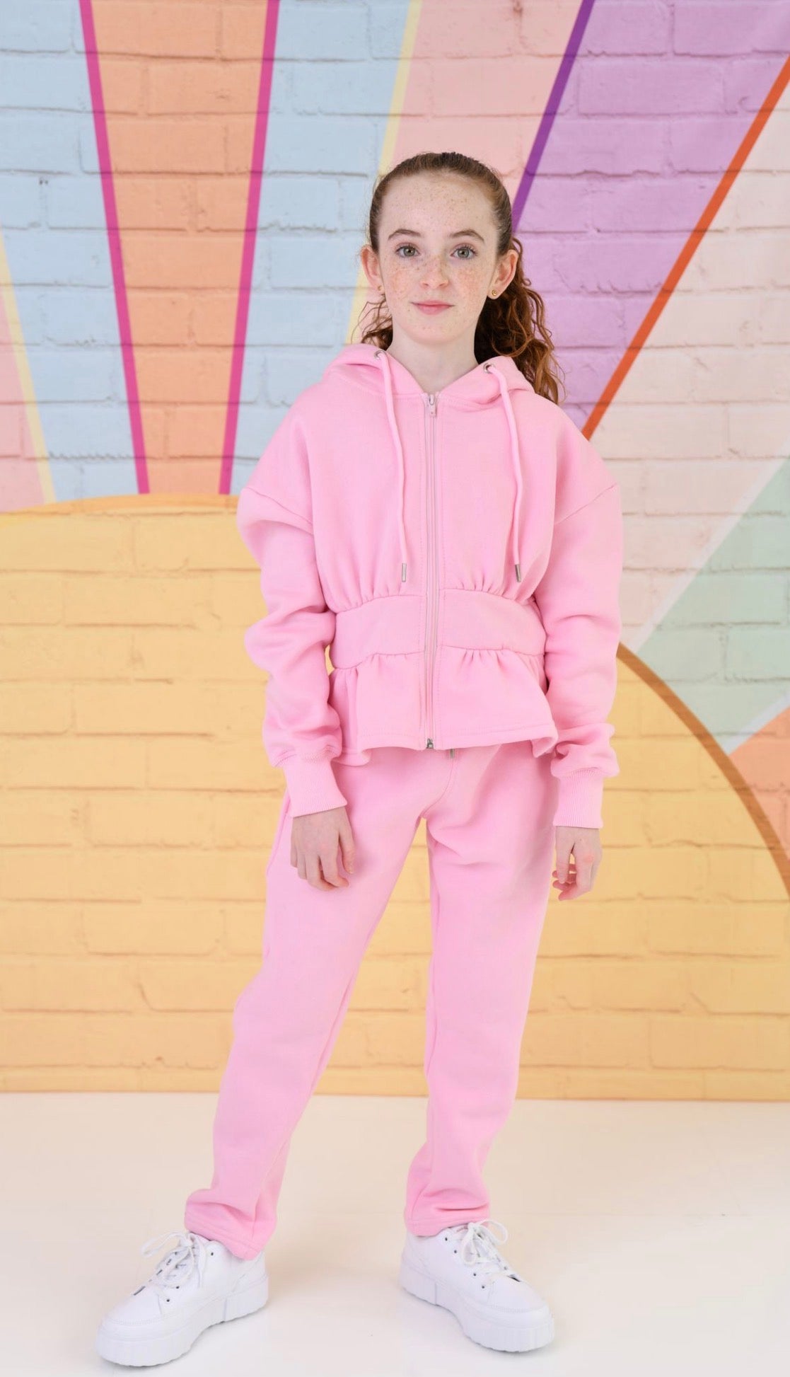 Pink hooded peplum jogger set with full zip and cuffed sleeves, kids loungewear
