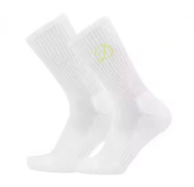 White ankle socks with yellow D logo on cuff