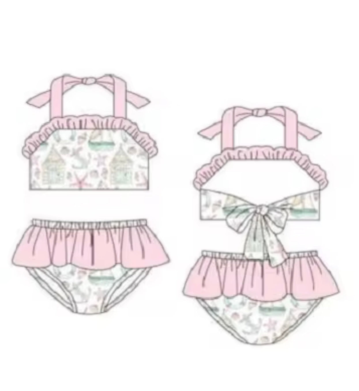 Girls two-piece swimsuit sketch: pink ruffled halter top and matching bottoms