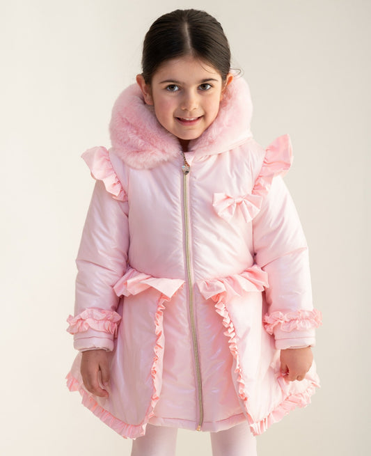 Caramelo Kids Pink Fur Trim Hood Peplum Coat