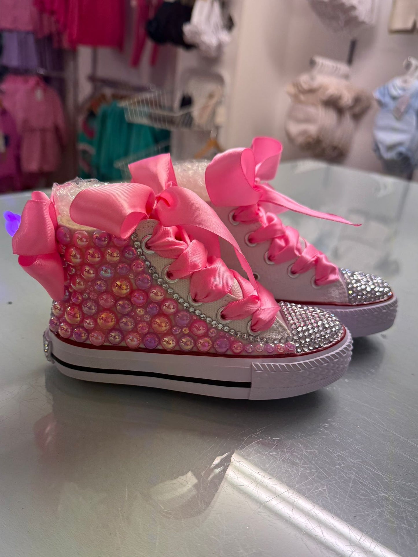 Dolly Bling Canvas Baseball Boots Baby Pink Bubble Pearls