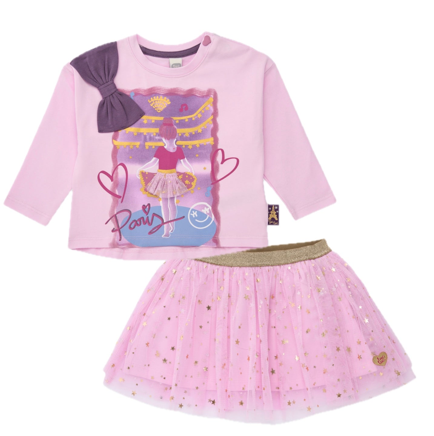 Lilac ballet skirt & top set: dark bow sleeves, ballerina print, star tulle skirt
