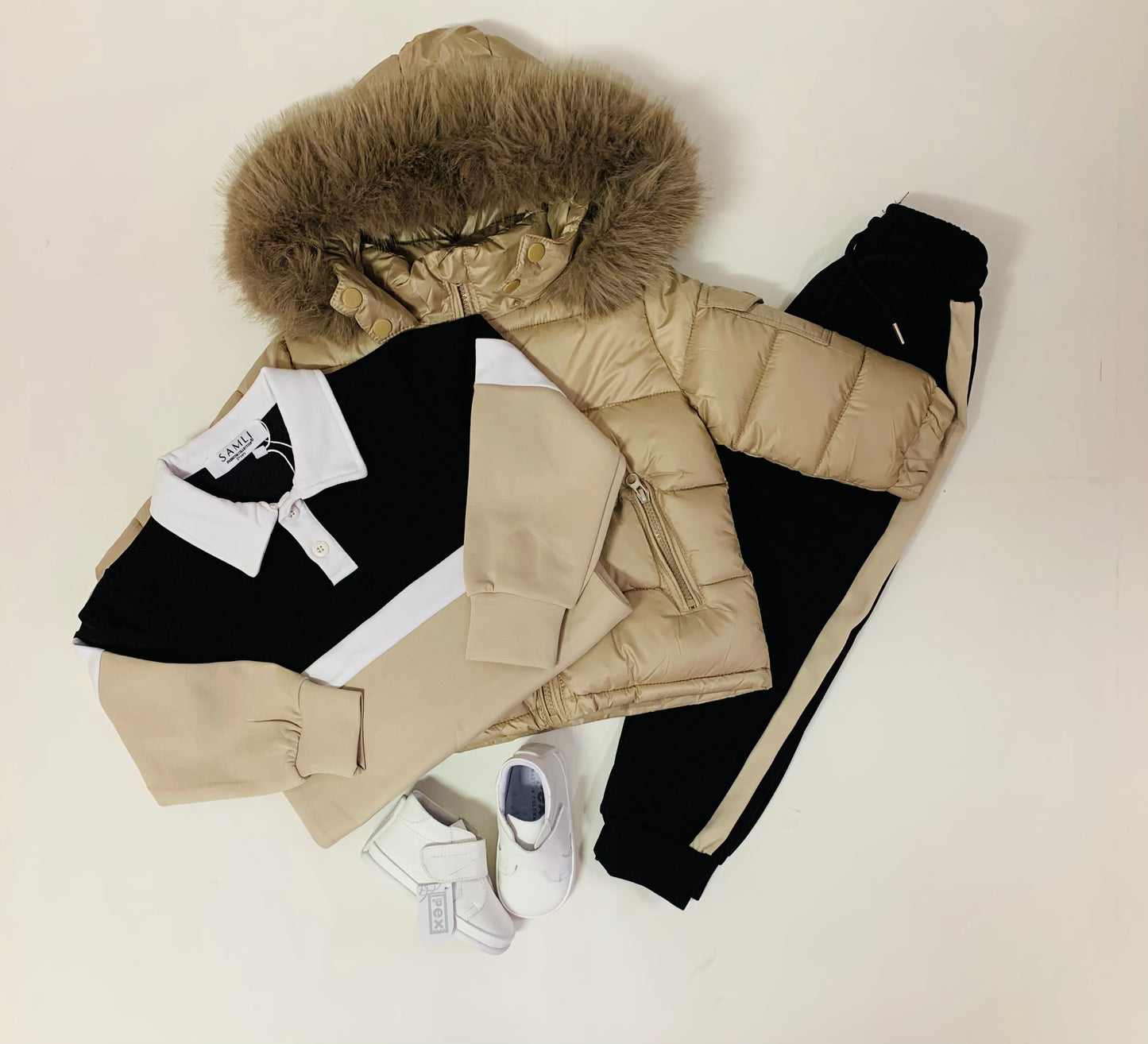 Boys Three-Tone Black, White and Beige 2pc