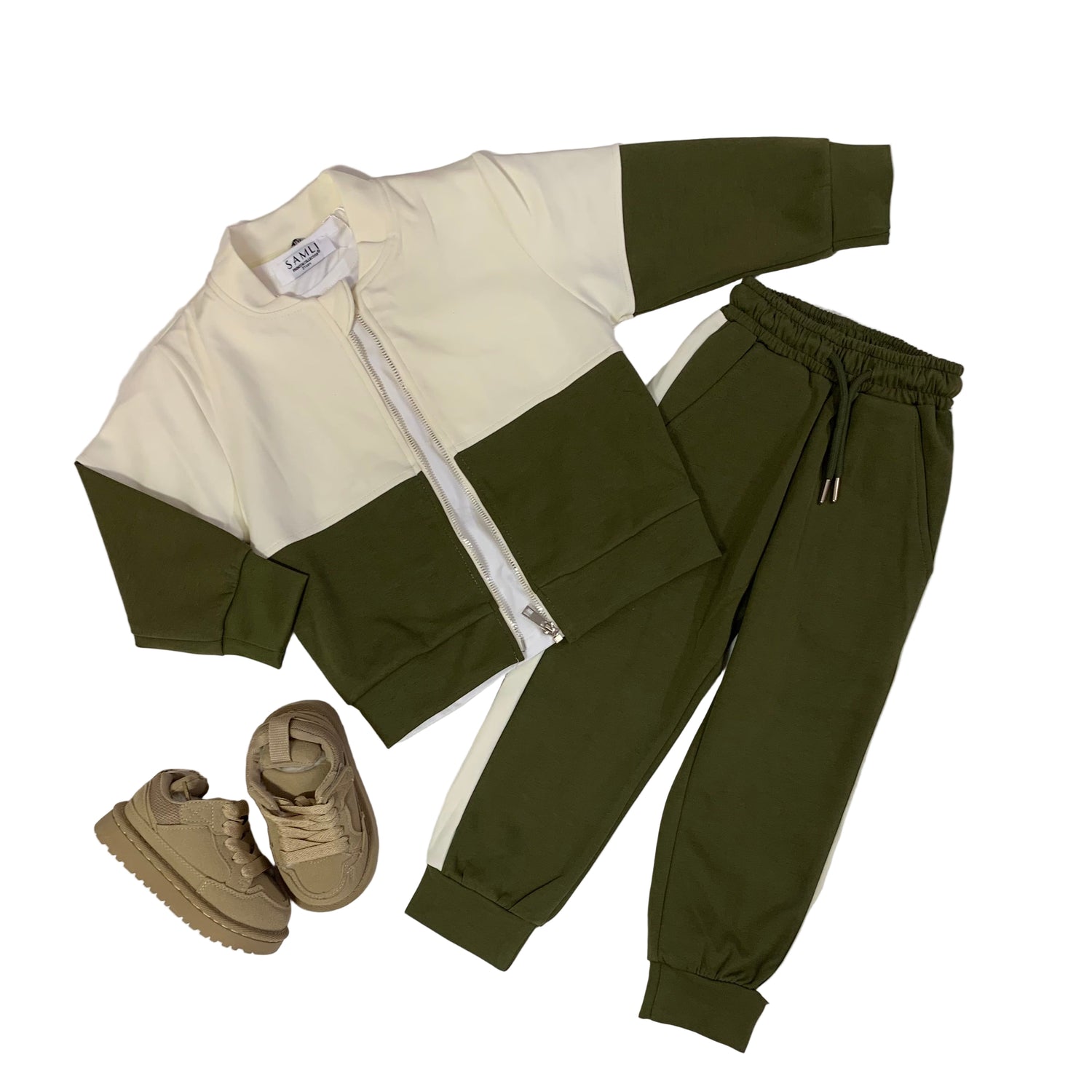 Boys two-tone khaki zip jacket and olive joggers set with tan sneakers