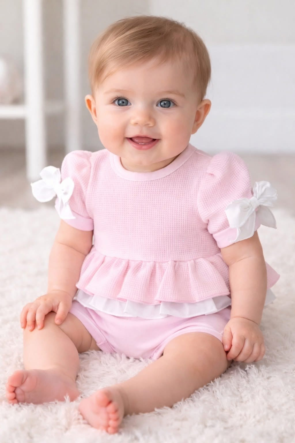Pink baby shortie romper with ruffled peplum and bow-tie sleeves, white underlayer