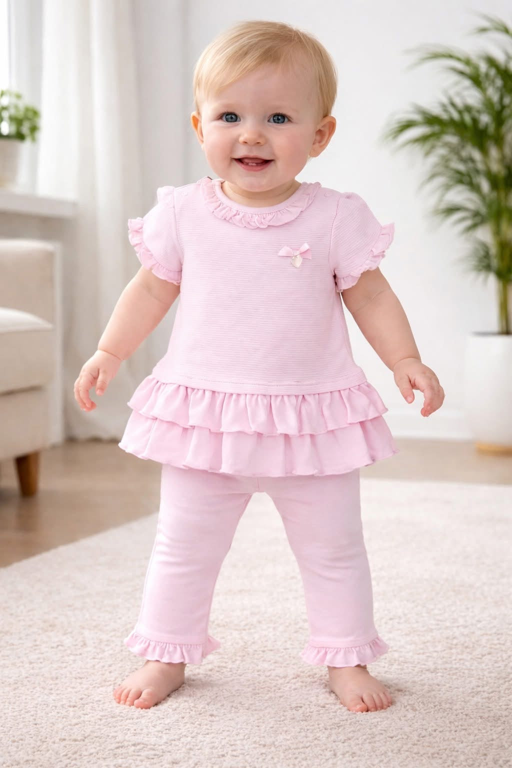 Pink frill dress and leggings set for baby girls, layered skirt and ruffled sleeves