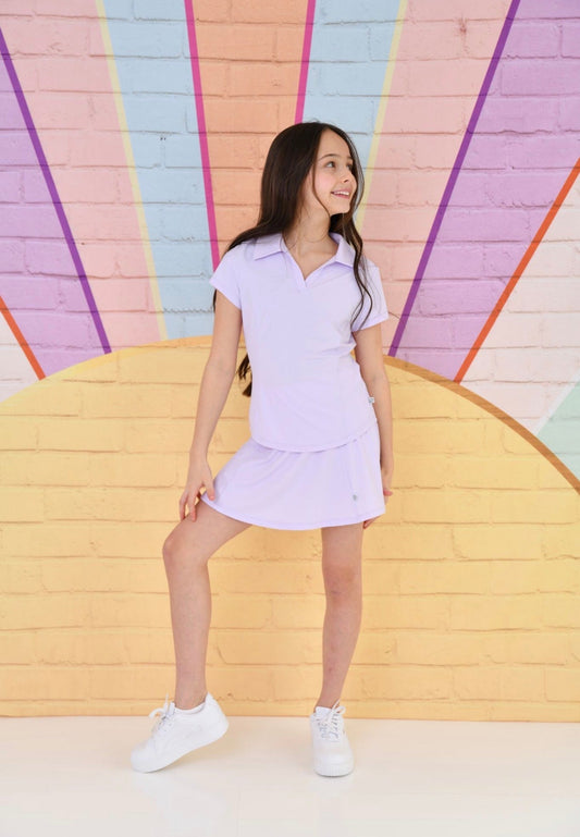 Lilac skort set with collared polo shirt and pleated skirt-style skort