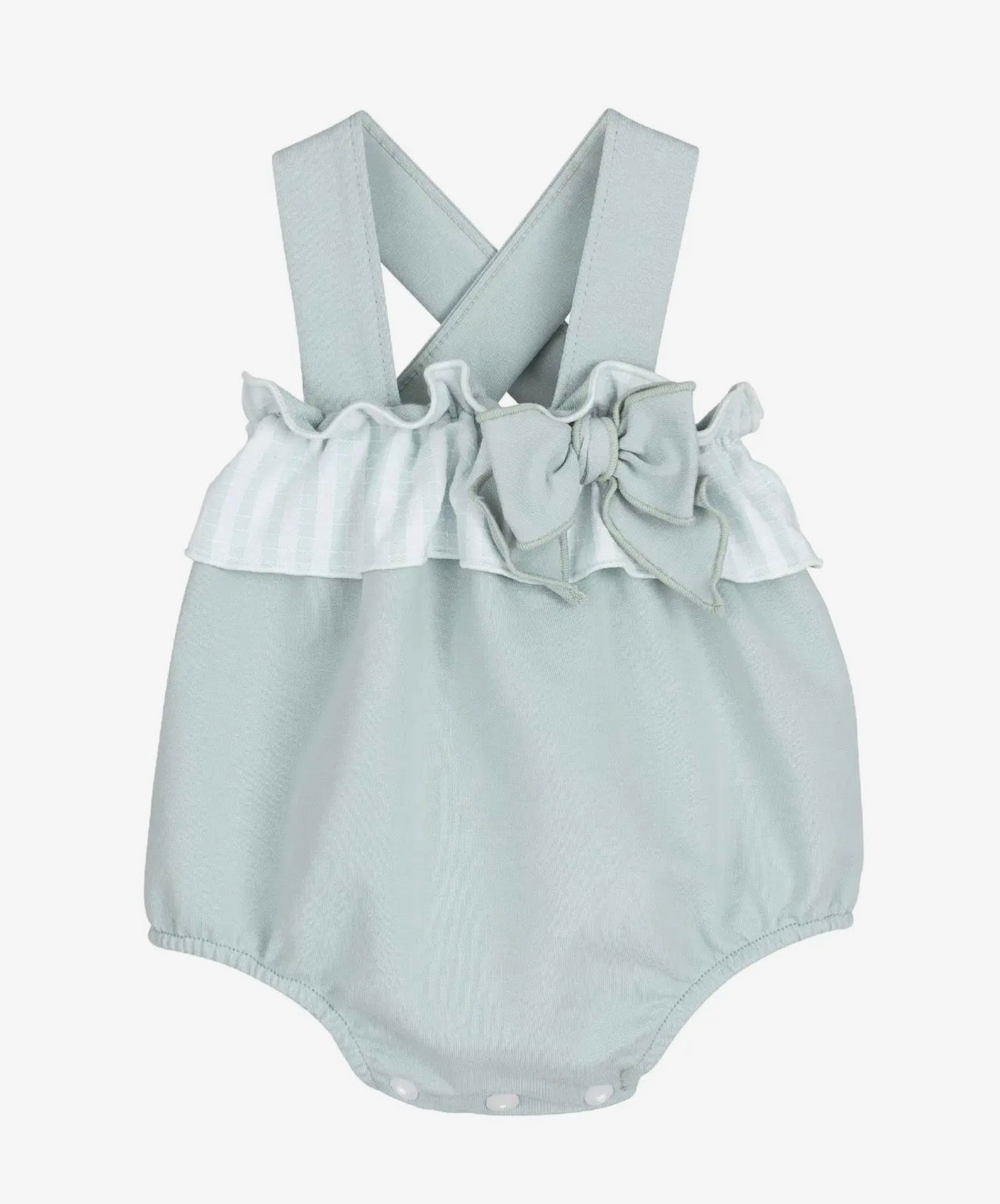 Mint baby dungarees with front ruffle trim and bow