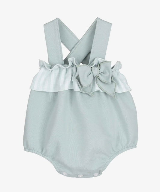 Mint baby dungarees with front ruffle trim and bow
