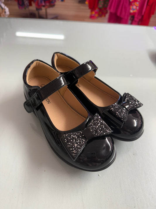 Girls Black Patent School Shoes Glitter Bow