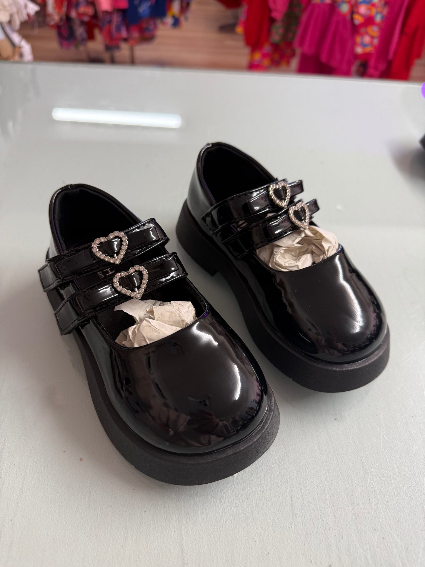 Girls Black Patent School Shoes Heart