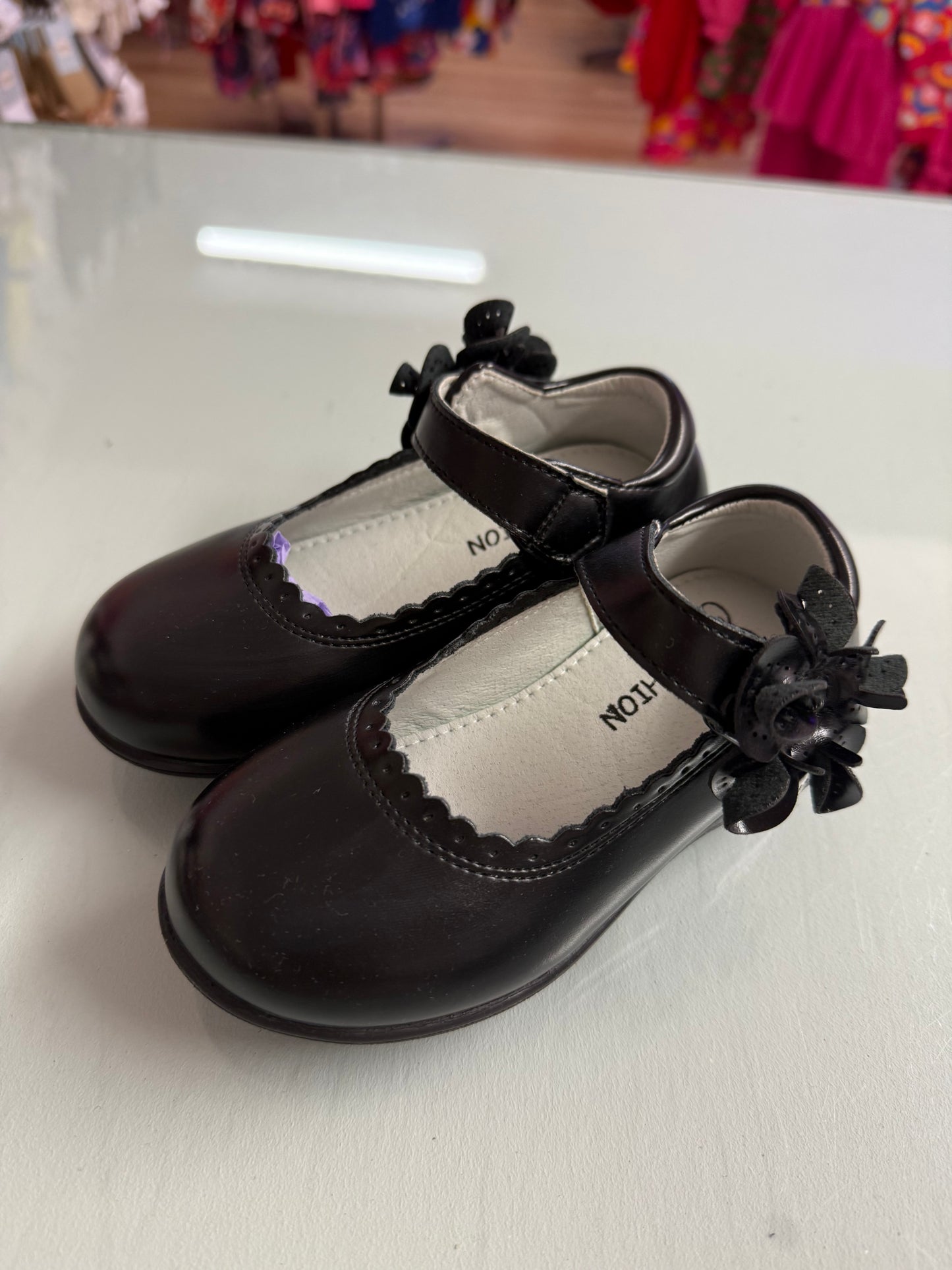 Girls Black School Shoes Flower