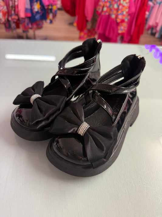 Girls Black Patent School Shoes Cross over bow