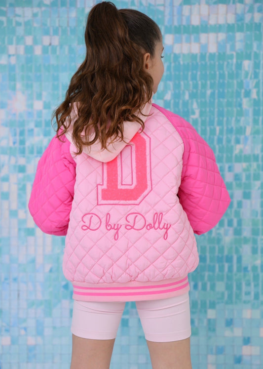 D by Dolly Girls Cherry Bright Pink On Pink Quilted Bomber Jacket – Colourful Kids Activewear | Ages 2-12 Years