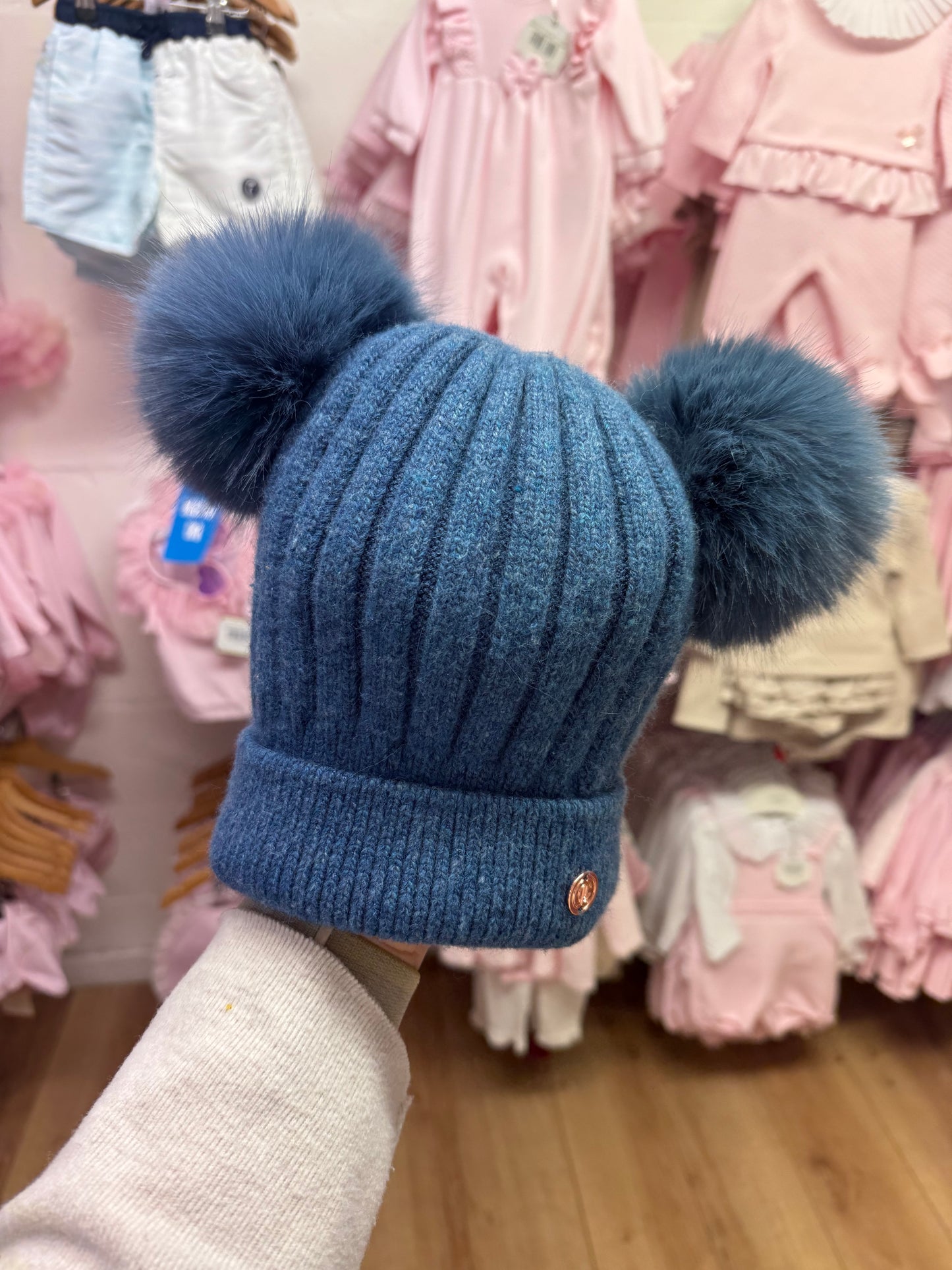 LLC blue Cashmere Double Pom Pom Beanie Hat