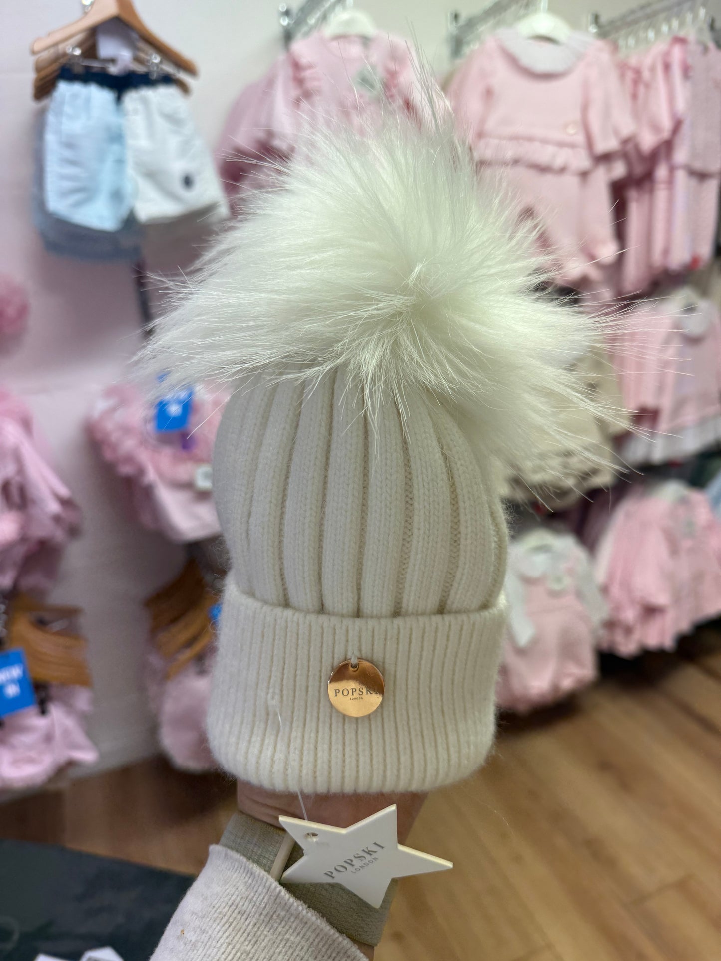 Popski baby ivory Cashmere Pom Pom Beanie Hat