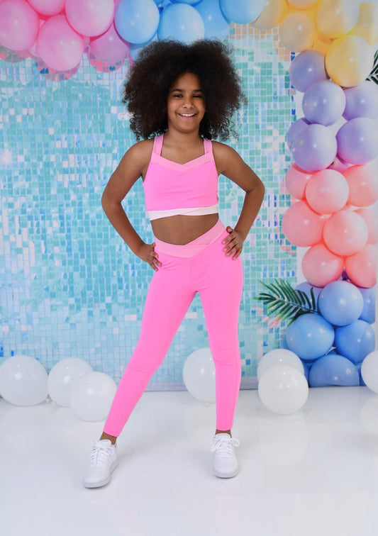 D by Dolly Girls Cherry Bright Pink On Pink Leggings & Crop Top Set - Colourful Activewear set | Ages 2-12 Years