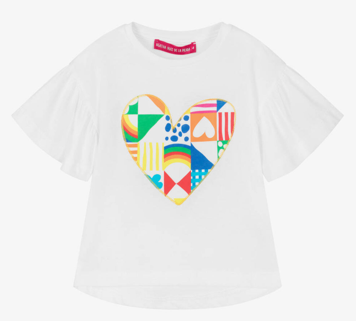 Agatha Ruiz de la Prada Girls Madrid Colour Printed Skirt and White Printed Heart T shirt