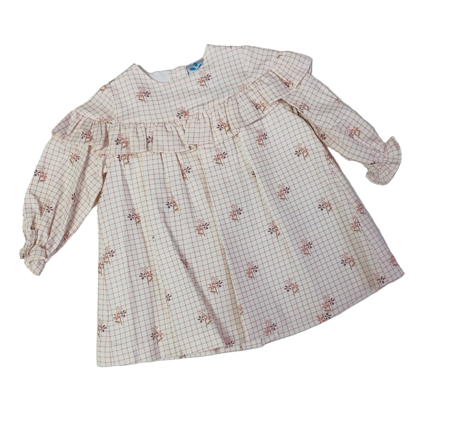 Knitted dress with long puff sleeves, checked pattern and tiny floral detail