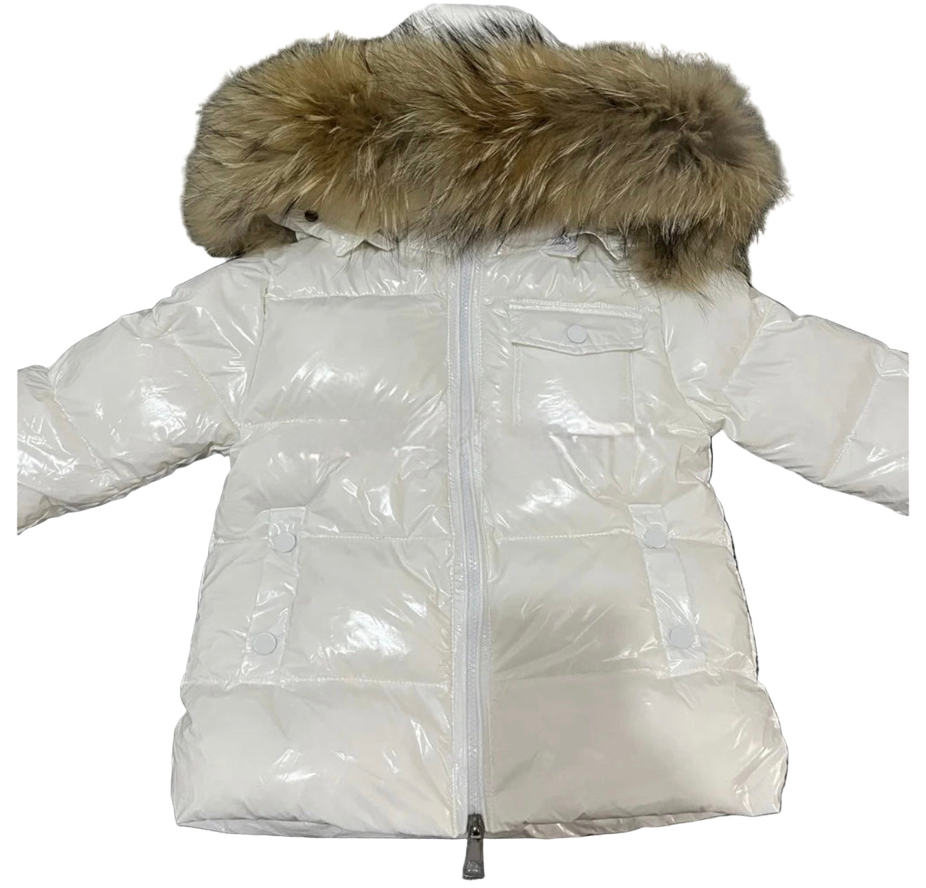 Winter Coat White High Gloss finish Natural Racoon fur Hood