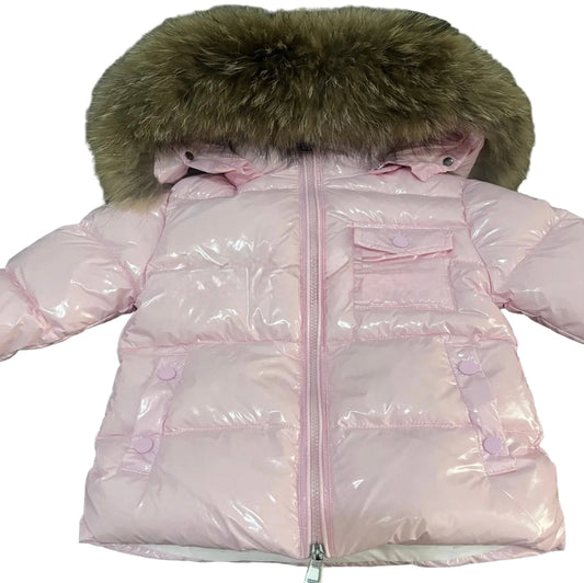 Winter Coat Baby Pink High Gloss finish Natural Racoon fur Hood