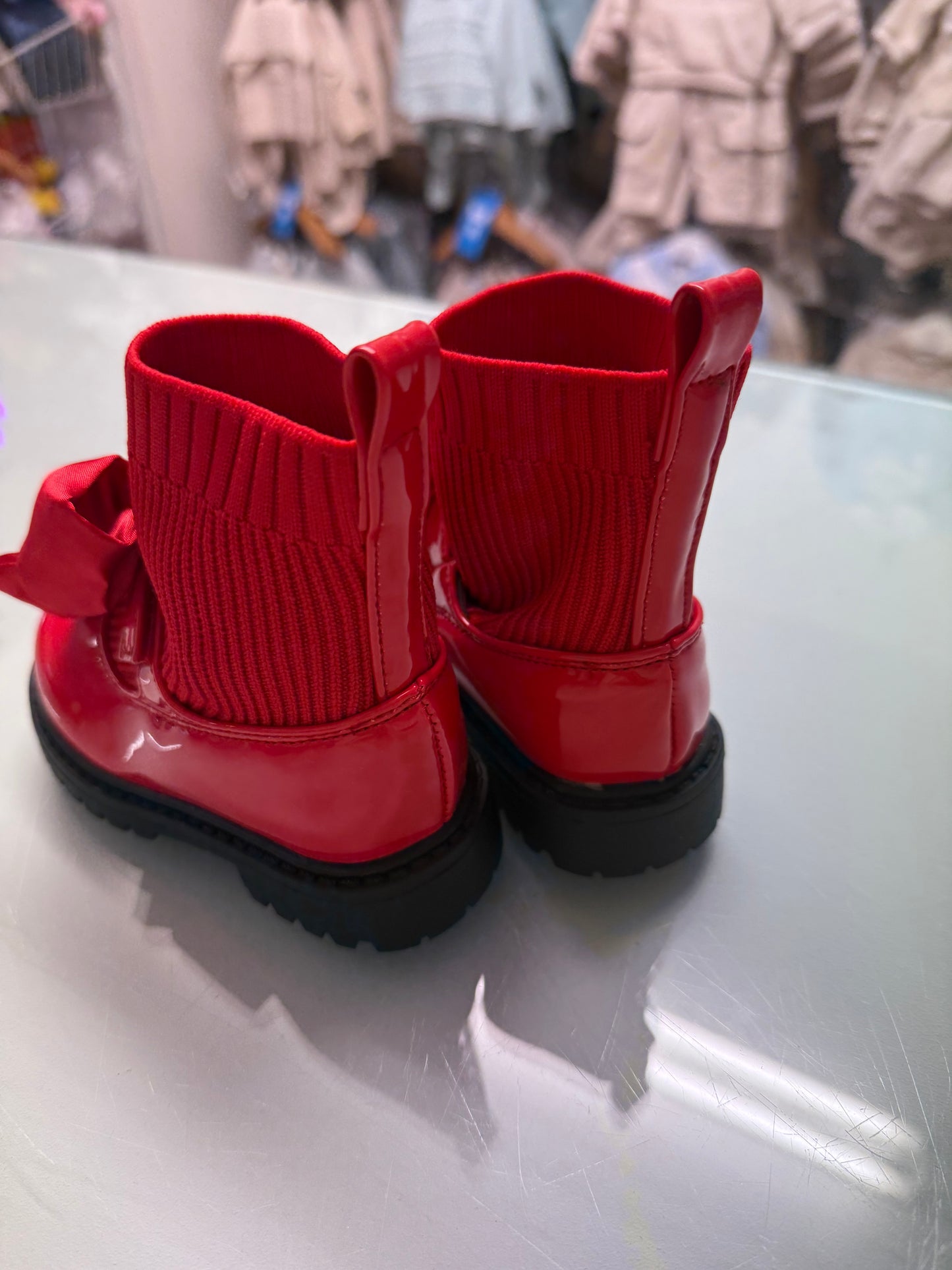 Girls Red Patent Leather Chunky Sock Boot