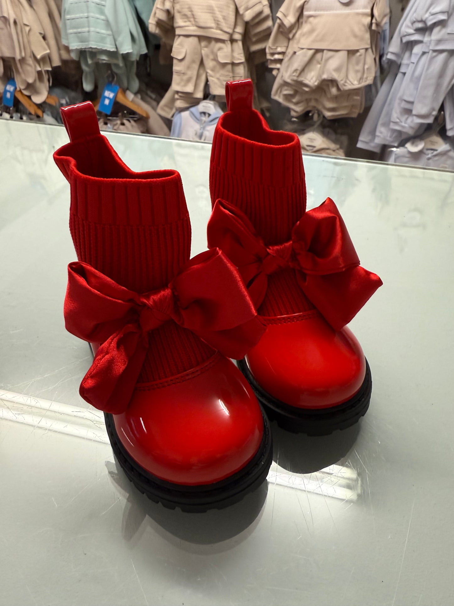Girls Red Patent Leather Chunky Sock Boot