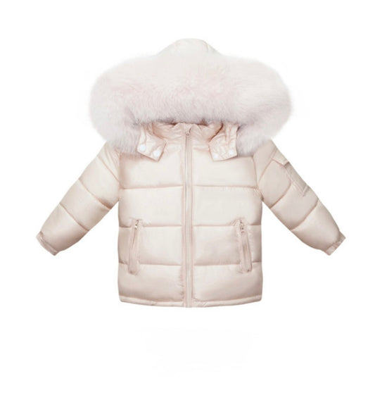 Peach Coat with faux fur hood