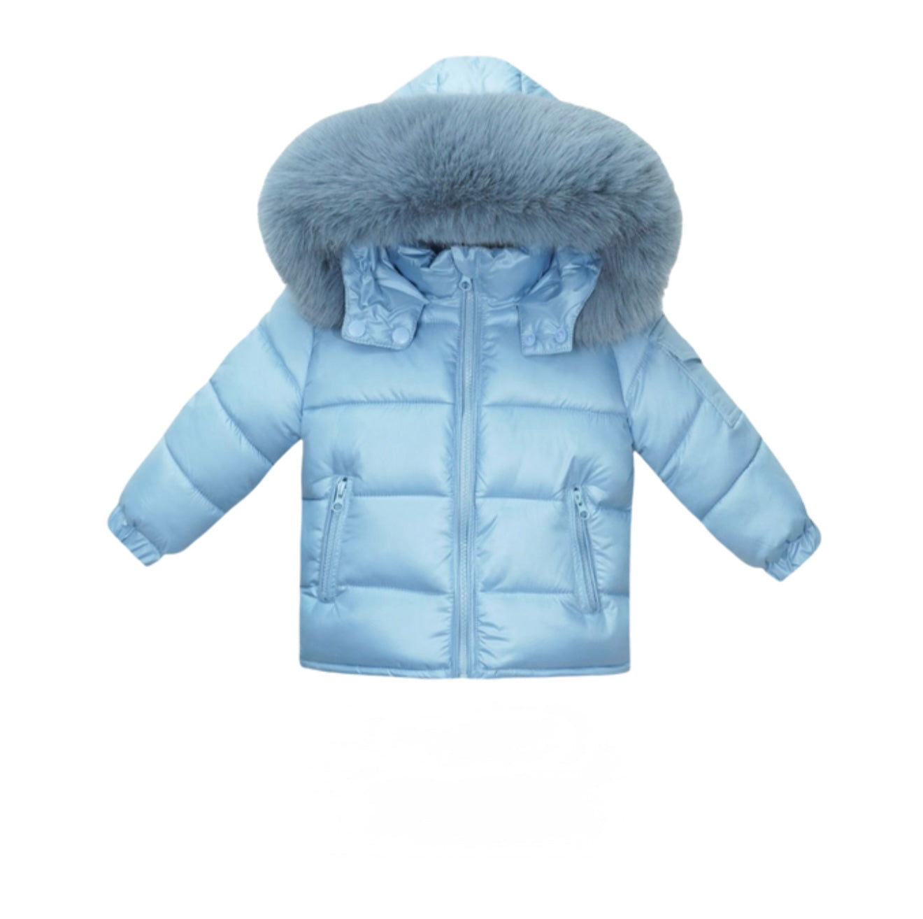 Airy Blue Coat with Blue Grey faux fur hood
