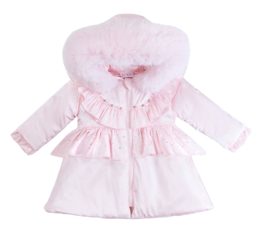 Baby Pink Long Coat with faux fur hood
