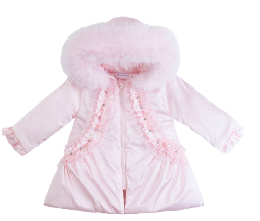 Baby Pink A-line Coat with faux fur hood