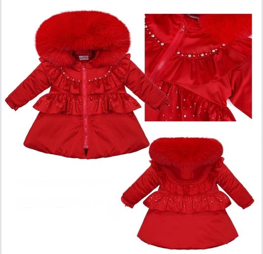 Red Long Coat with faux fur hood