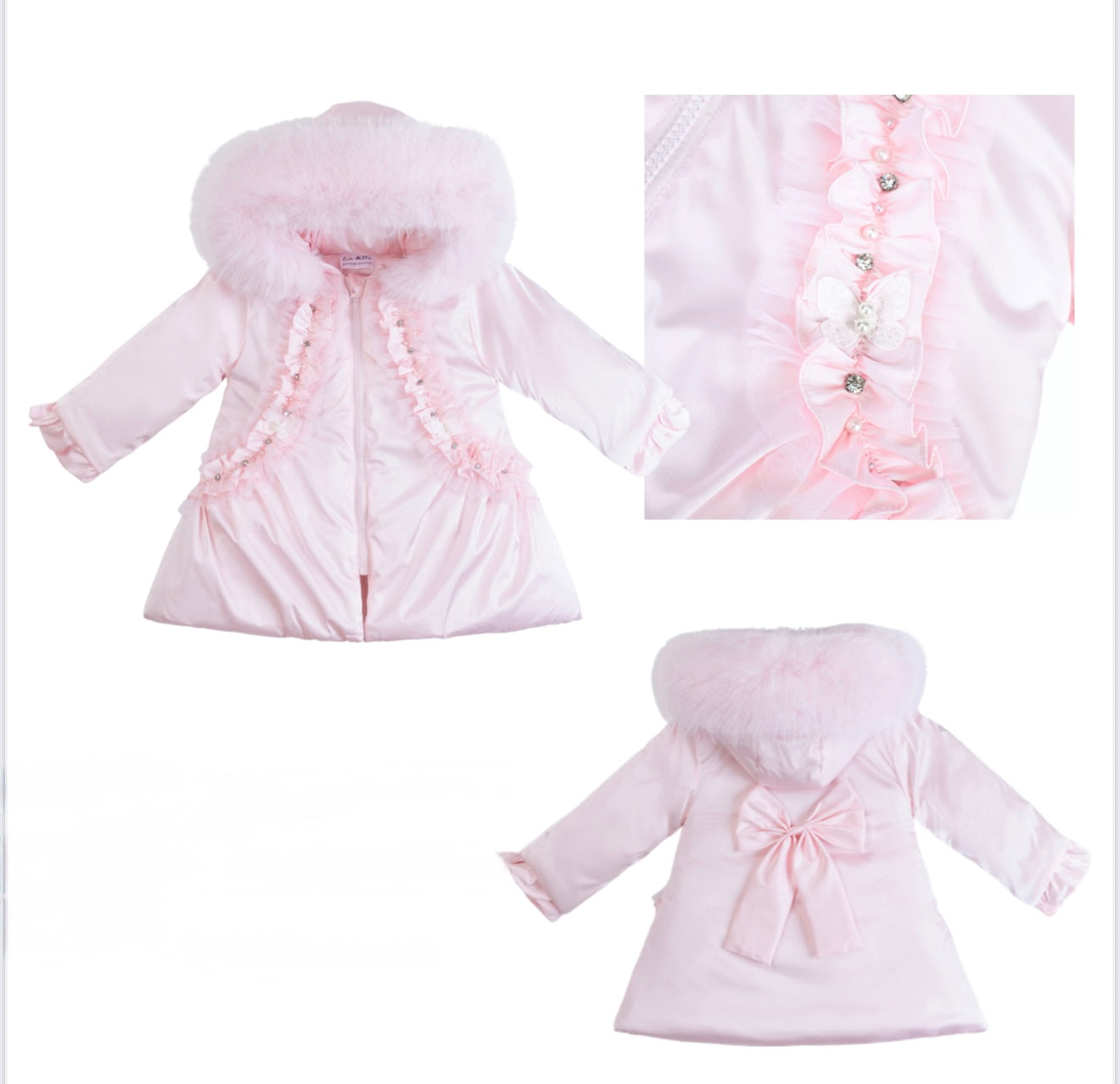 Baby Pink A-line Coat with faux fur hood