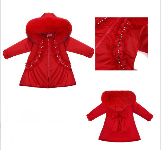 Red A-line Coat with faux fur hood
