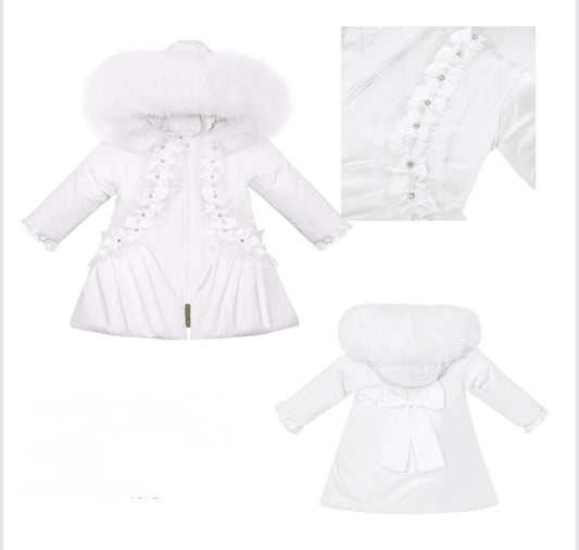 White A-line Coat with faux fur hood
