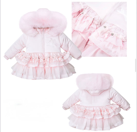 Baby Pink Frilled Coat with faux fur hood