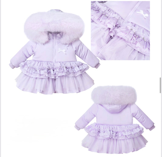 Pastel Lilac Frilled Coat with faux fur hood