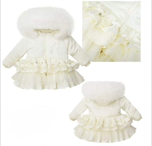 Ivory Frilled Coat with faux fur hood
