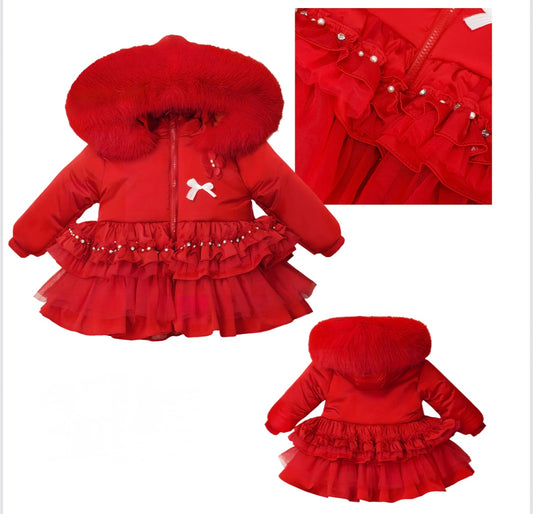 Red Frilled Coat with faux fur hood
