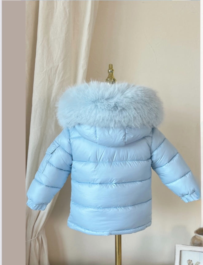 Baby Blue Coat with faux fur hood