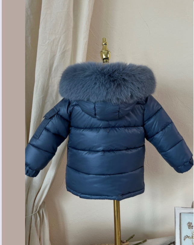 Navy Blue Coat with faux fur hood