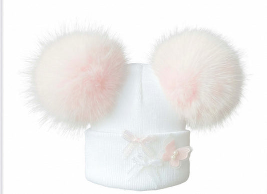 Double Pom Pom Hat White with Pink Poms and bow finish